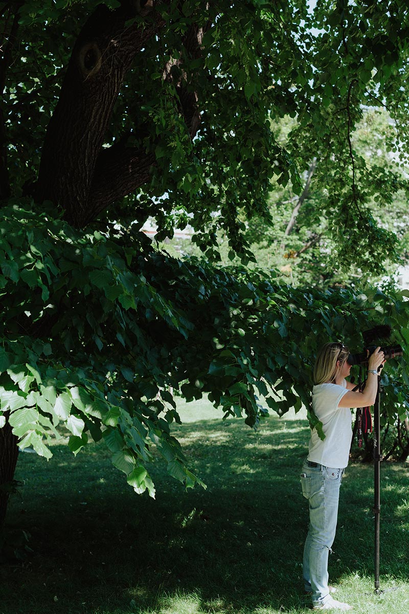 Emma Wilson in a white shirt and jeans stands on grass, adjusting a camera on a tripod under the shade of a large leafy tree, capturing shots for Personal Branding films.
