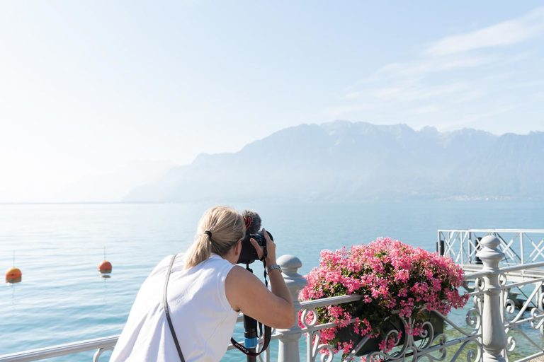 Emma Wilson, luxury wedding videography, in action. Filming in Montreux on the shore of Lake Geneva.