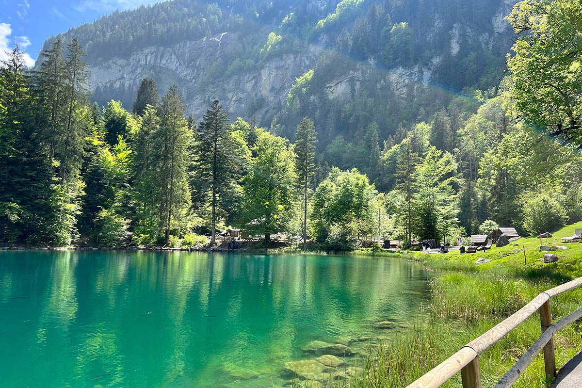 Lake Blausee in Switzerland with turquoise green water