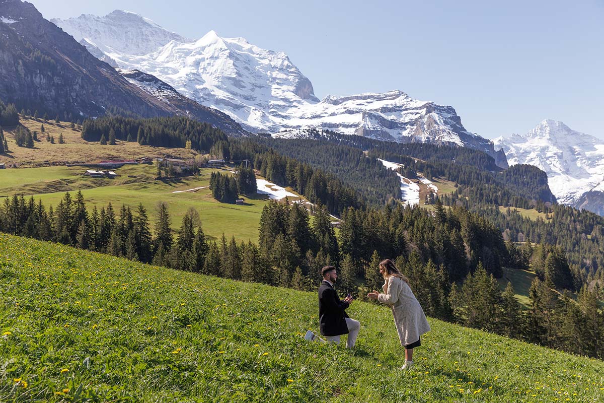 A man kneels and proposes to his fiance in a grassy field with pine trees and snow-capped mountains near Wengen, Switzerland